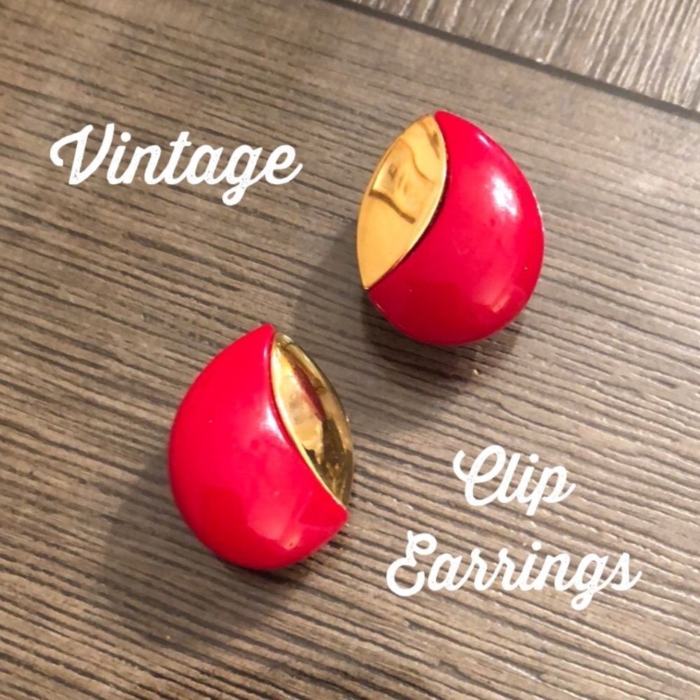 Vintage Red & Goldtone Tear Drop Shaped Clip Earrings